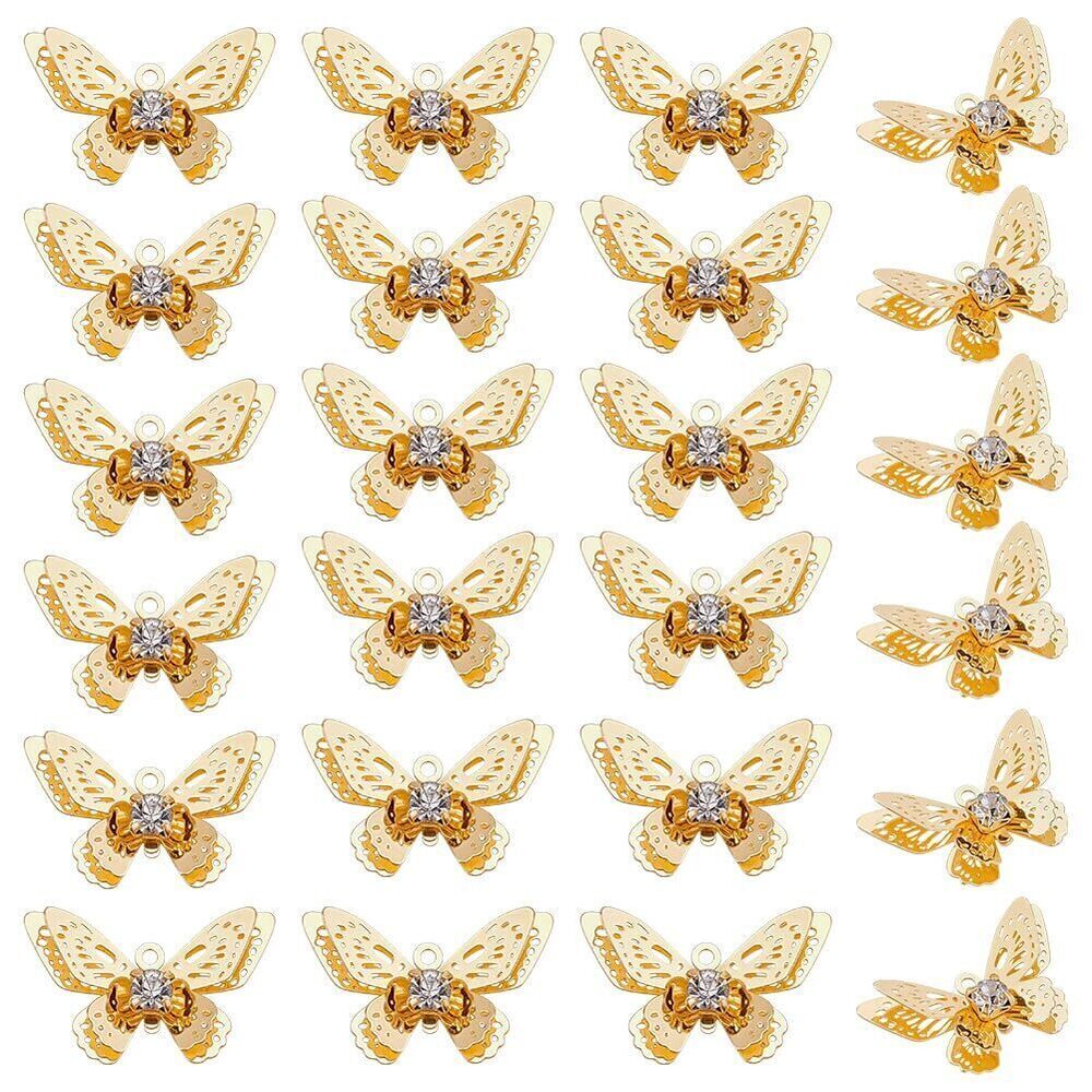 8021 24Pcs 18K Gold Plated Brass Butterfly Pendants, Micro Pave Clear Cubic